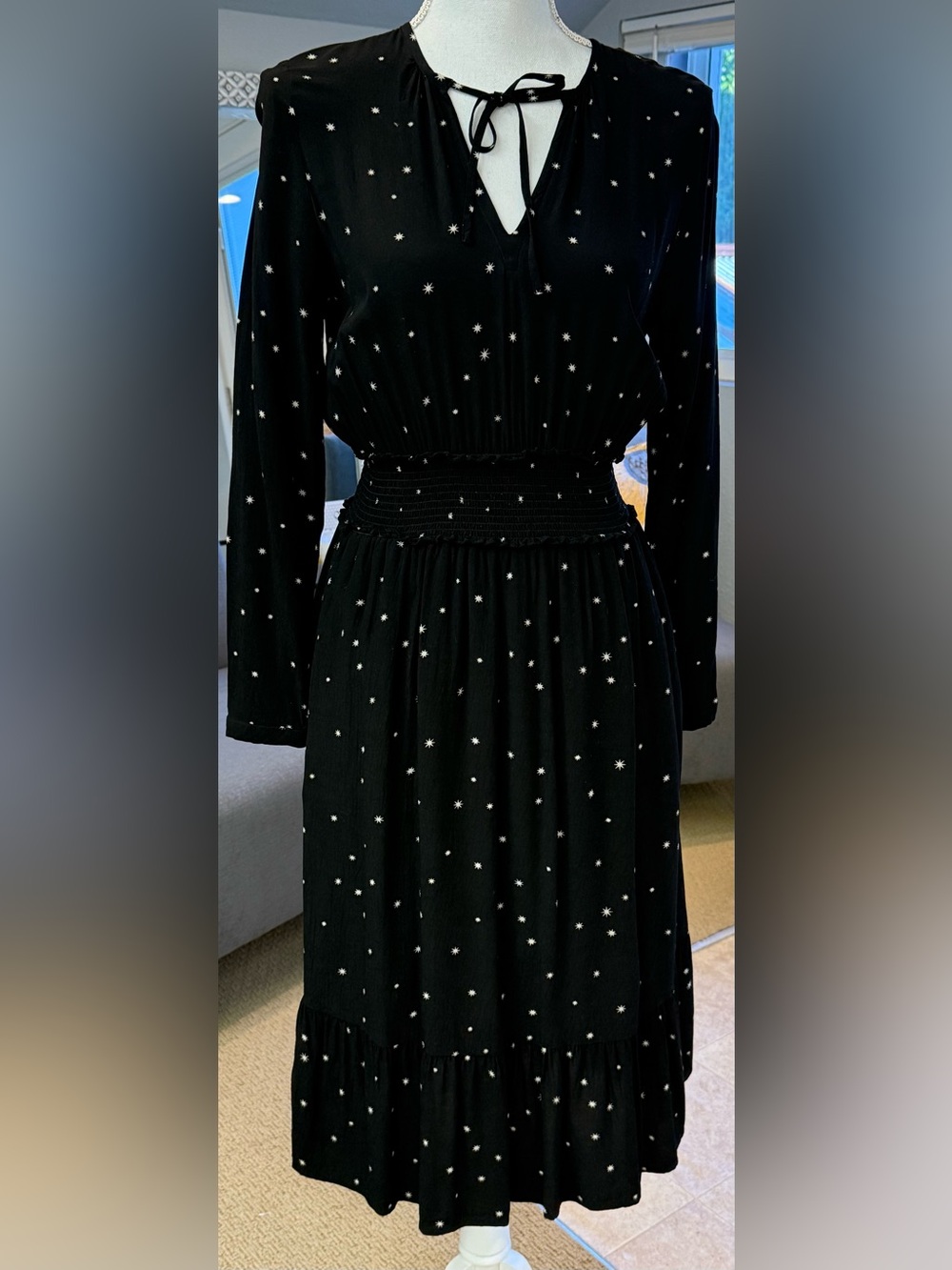 Rails Joy Onyx Starburst Black & White Print Long Sleeve Smocked Waist Dress